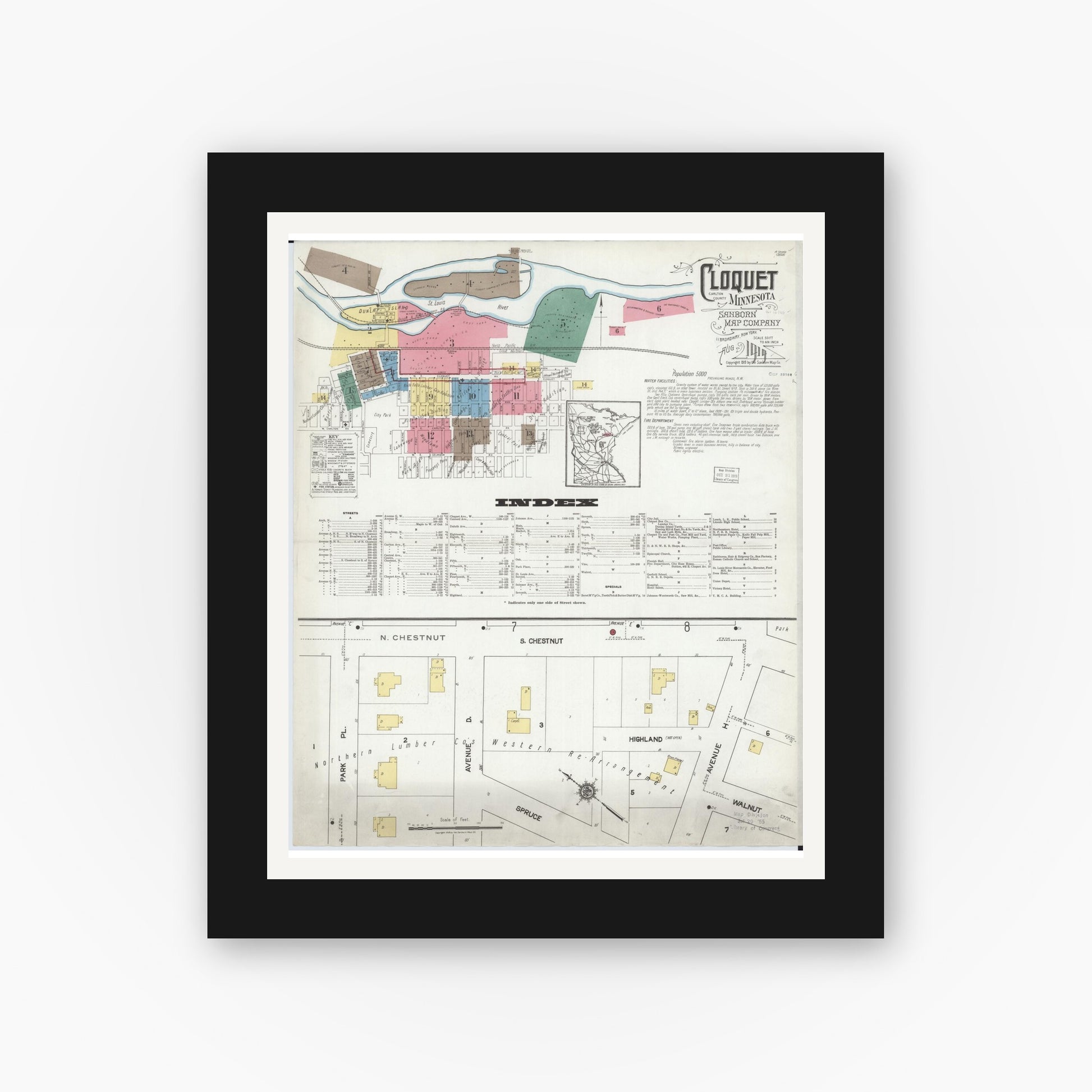 Old map wall art mockup — black gallery frame with white mat — Sanborn Fire Insurance Map from Cloquet, Carlton County, Minnesota (1919), Sheet #0001