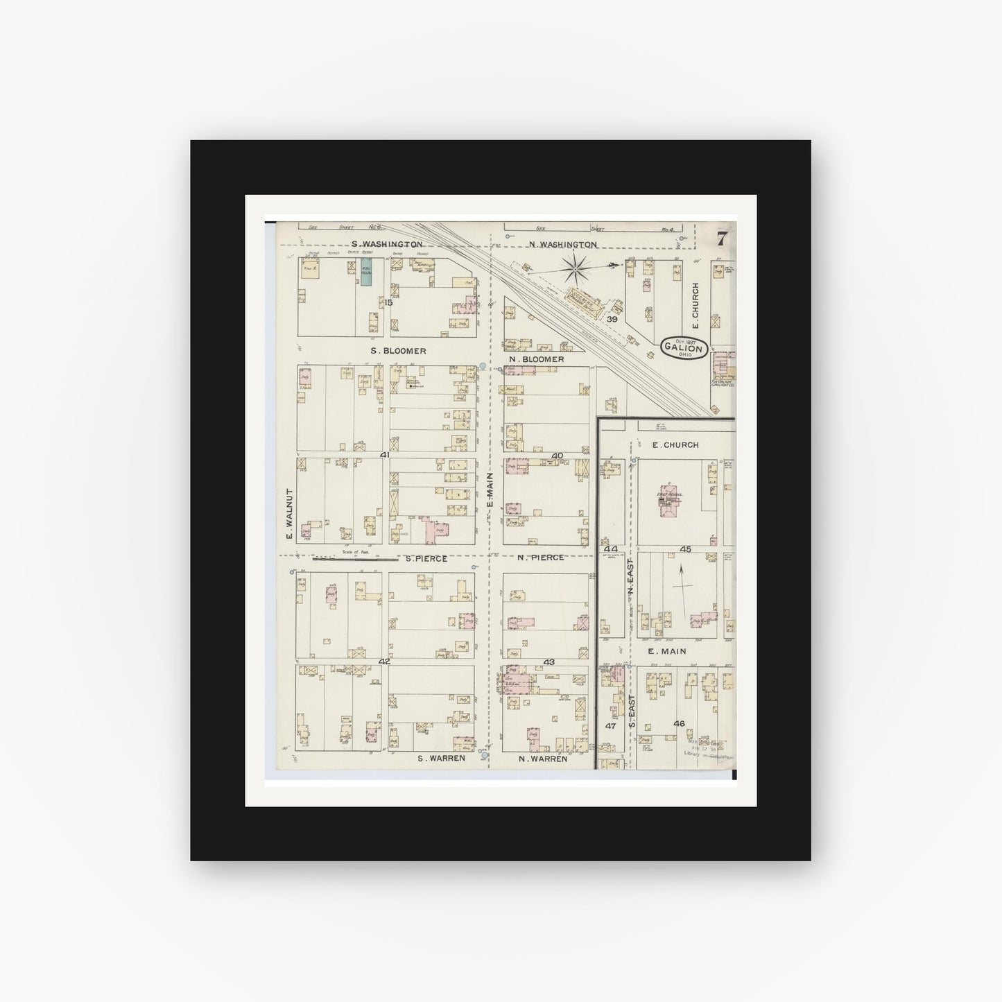 Old map wall art mockup — black gallery frame with white mat — Sanborn Fire Insurance Map from Galion, Crawford County, Ohio (1887), Sheet #0007