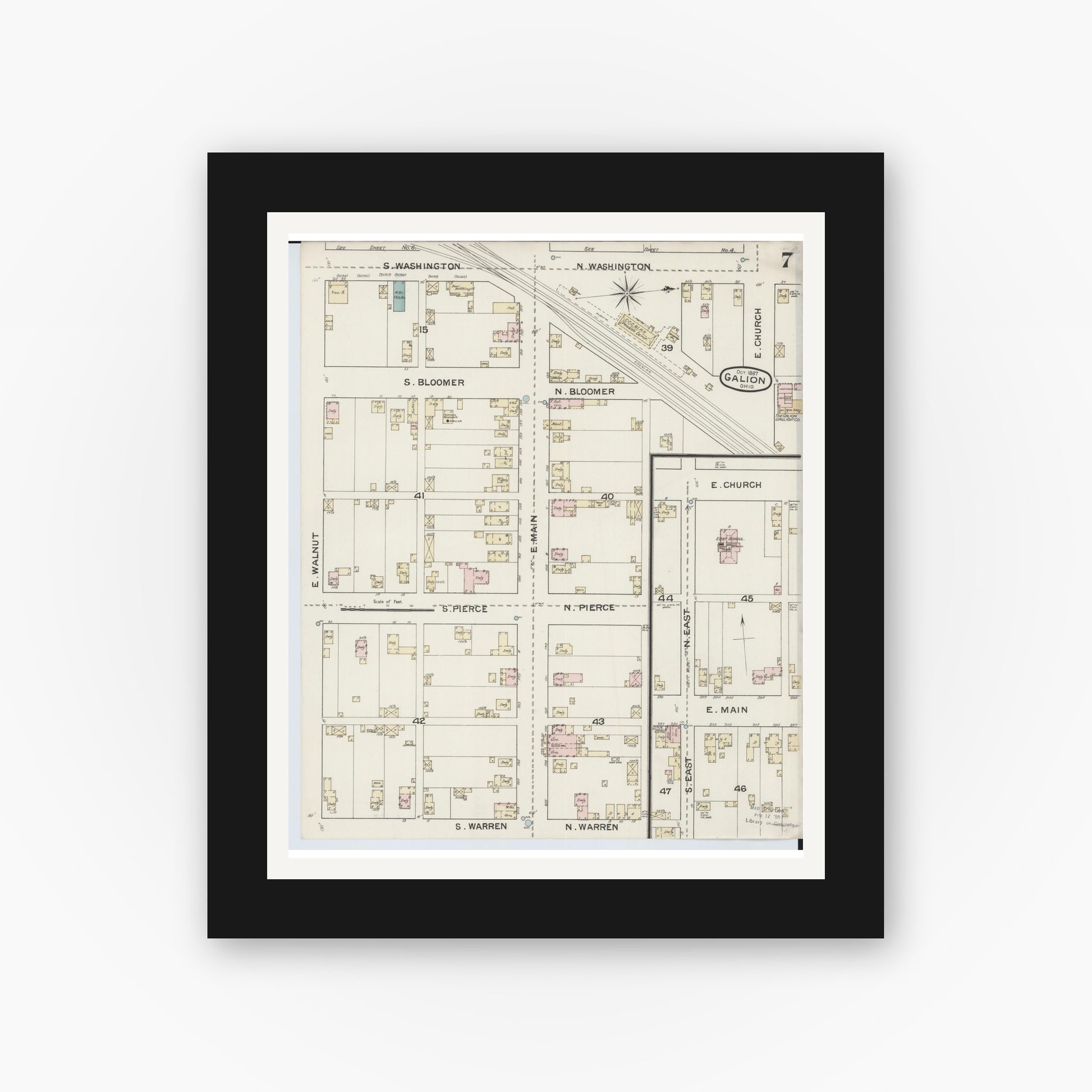 Old map wall art mockup — black gallery frame with white mat — Sanborn Fire Insurance Map from Galion, Crawford County, Ohio (1887), Sheet #0007