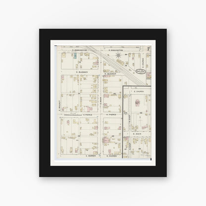 Old map wall art mockup — black gallery frame with white mat — Sanborn Fire Insurance Map from Galion, Crawford County, Ohio (1887), Sheet #0007