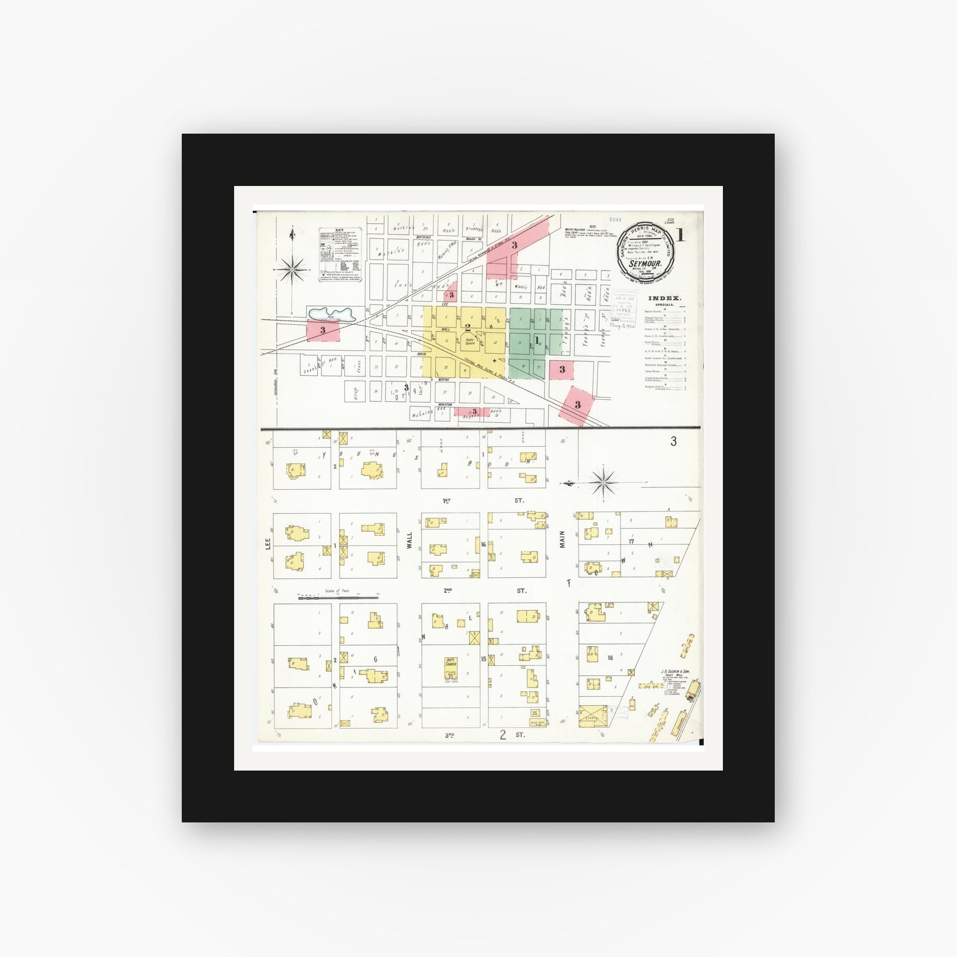 Old map wall art mockup — black gallery frame with white mat — Sanborn Fire Insurance Map from Seymour, Wayne County, Iowa (1900), Sheet #0001