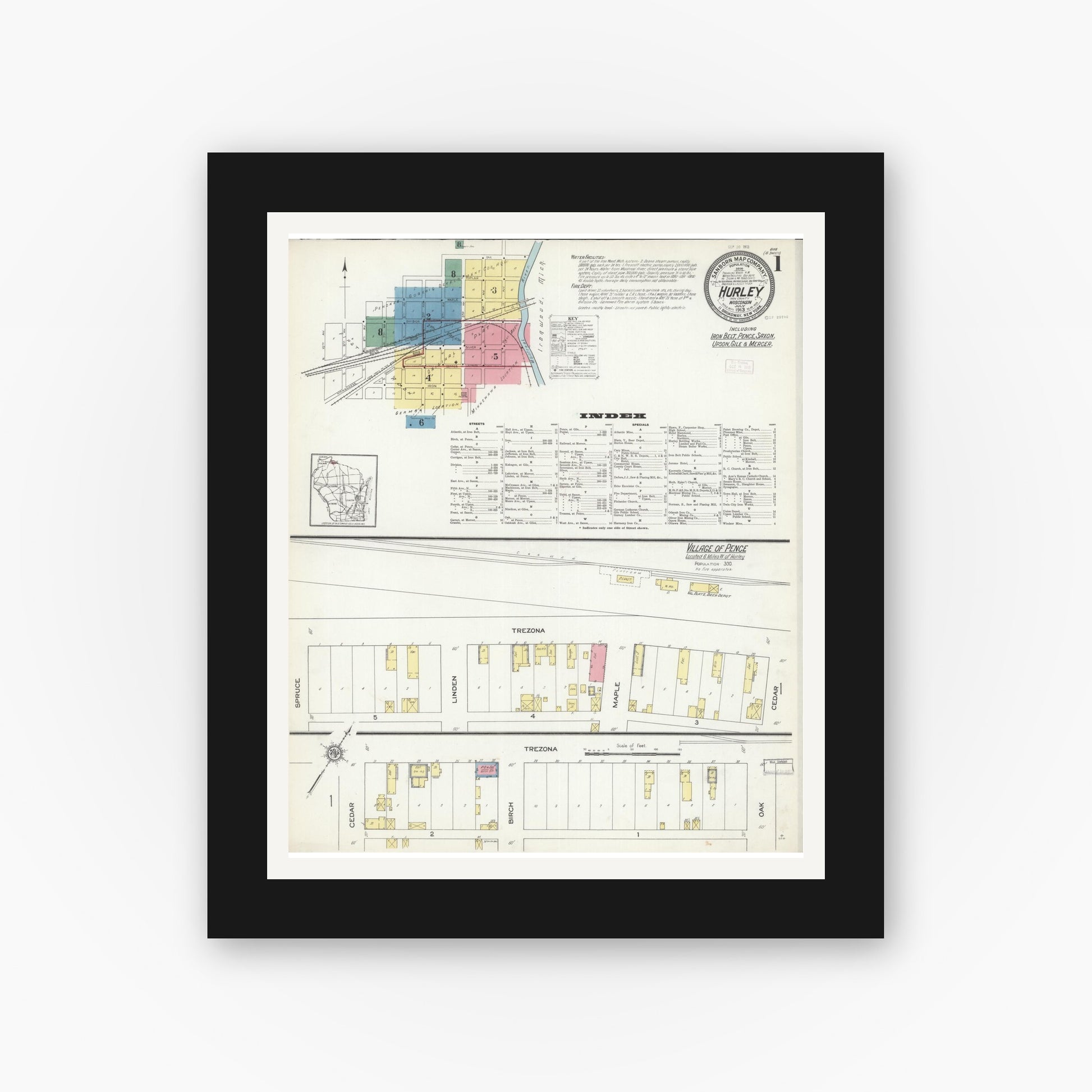 Old map wall art mockup — black gallery frame with white mat — Sanborn Fire Insurance Map from Hurley, Iron County, Wisconsin (1913), Sheet #0001