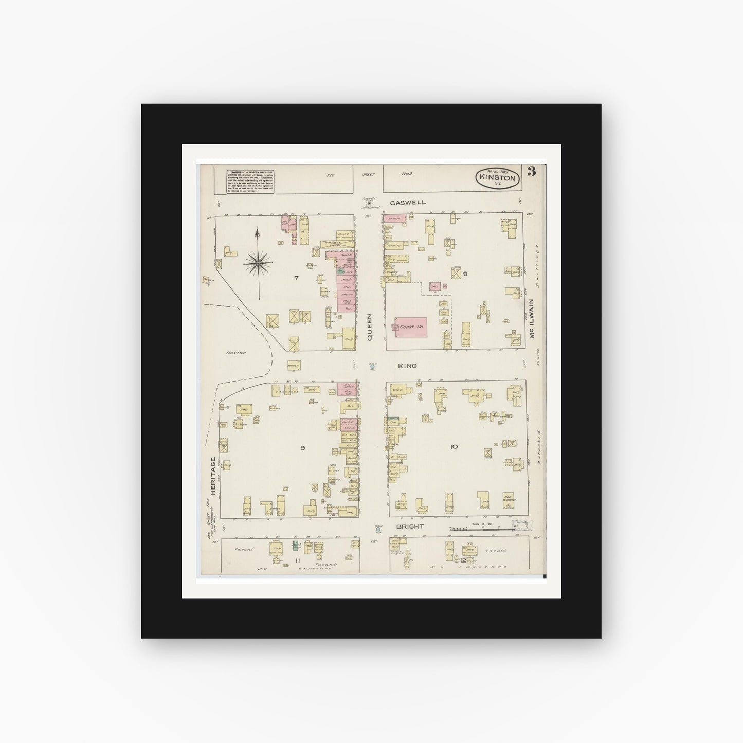 Old map wall art mockup — black gallery frame with white mat — Sanborn Fire Insurance Map from Kinston, Lenoir County, North Carolina (1885), Sheet #0003