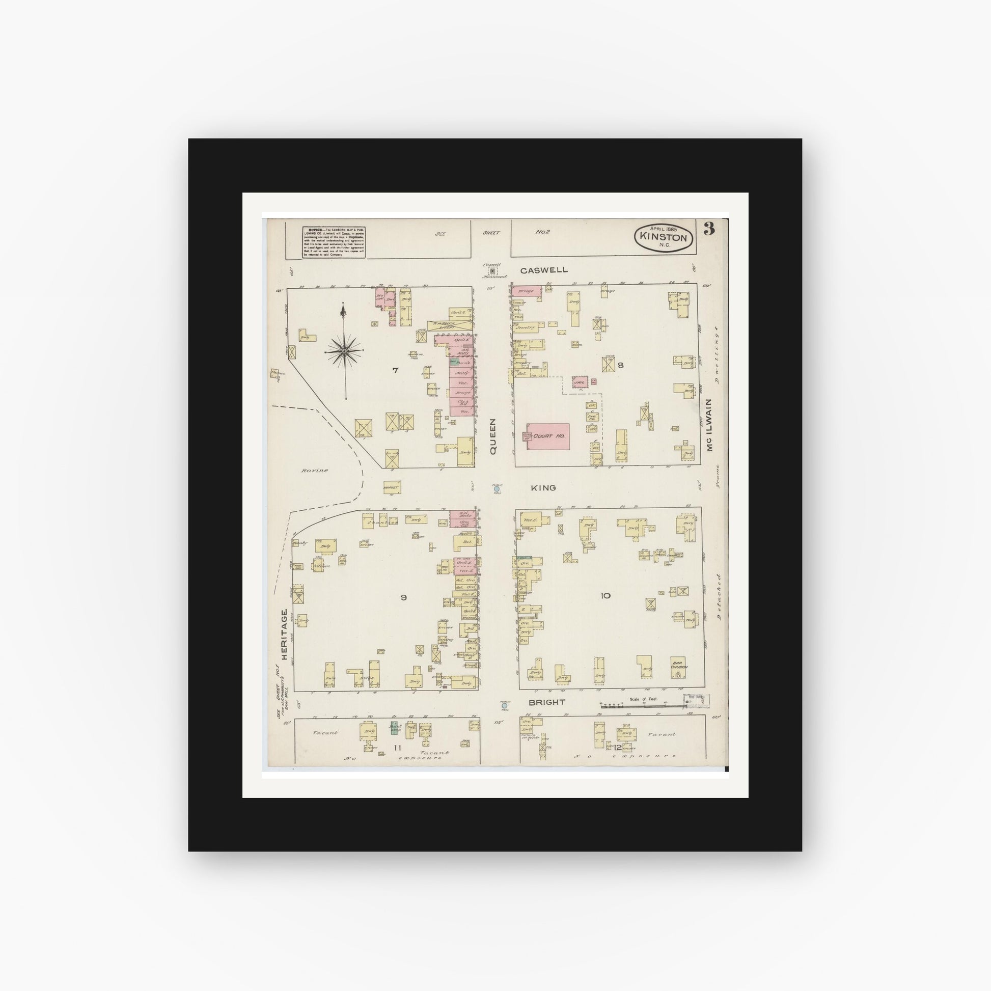 Old map wall art mockup — black gallery frame with white mat — Sanborn Fire Insurance Map from Kinston, Lenoir County, North Carolina (1885), Sheet #0003