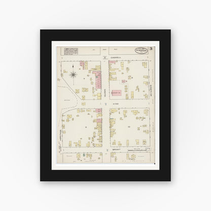 Old map wall art mockup — black gallery frame with white mat — Sanborn Fire Insurance Map from Kinston, Lenoir County, North Carolina (1885), Sheet #0003