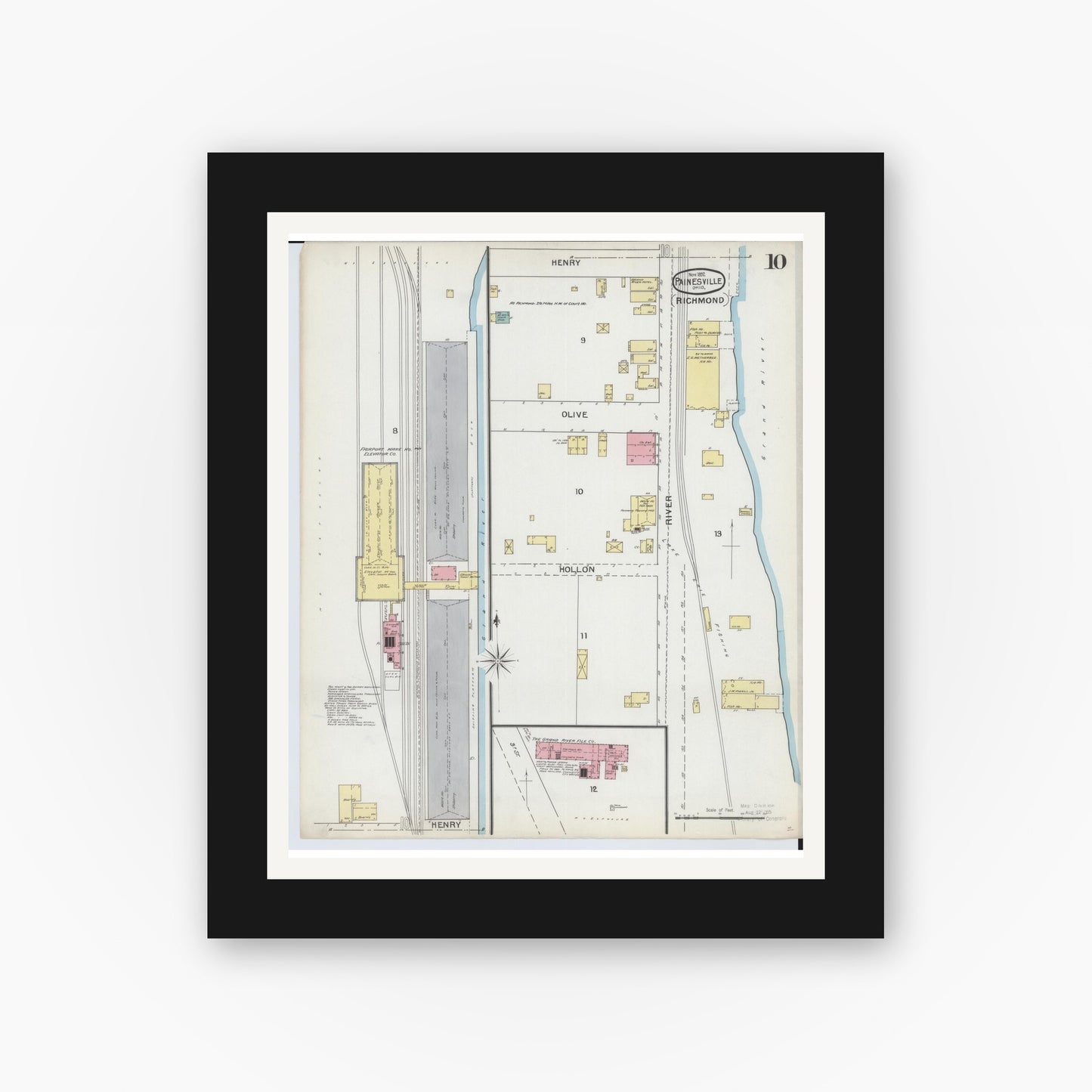 Old map wall art mockup — black gallery frame with white mat — Sanborn Fire Insurance Map from Painesville, Lake County, Ohio (1892), Sheet #0010