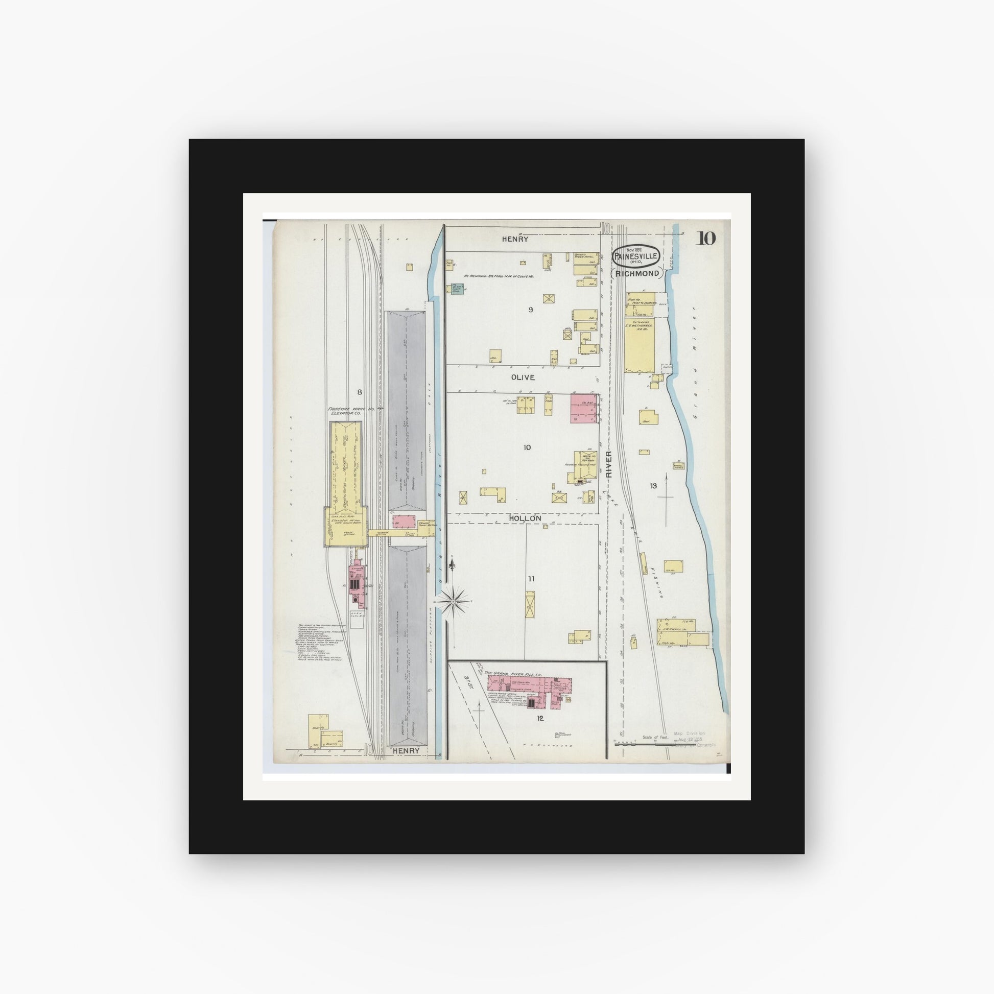 Old map wall art mockup — black gallery frame with white mat — Sanborn Fire Insurance Map from Painesville, Lake County, Ohio (1892), Sheet #0010