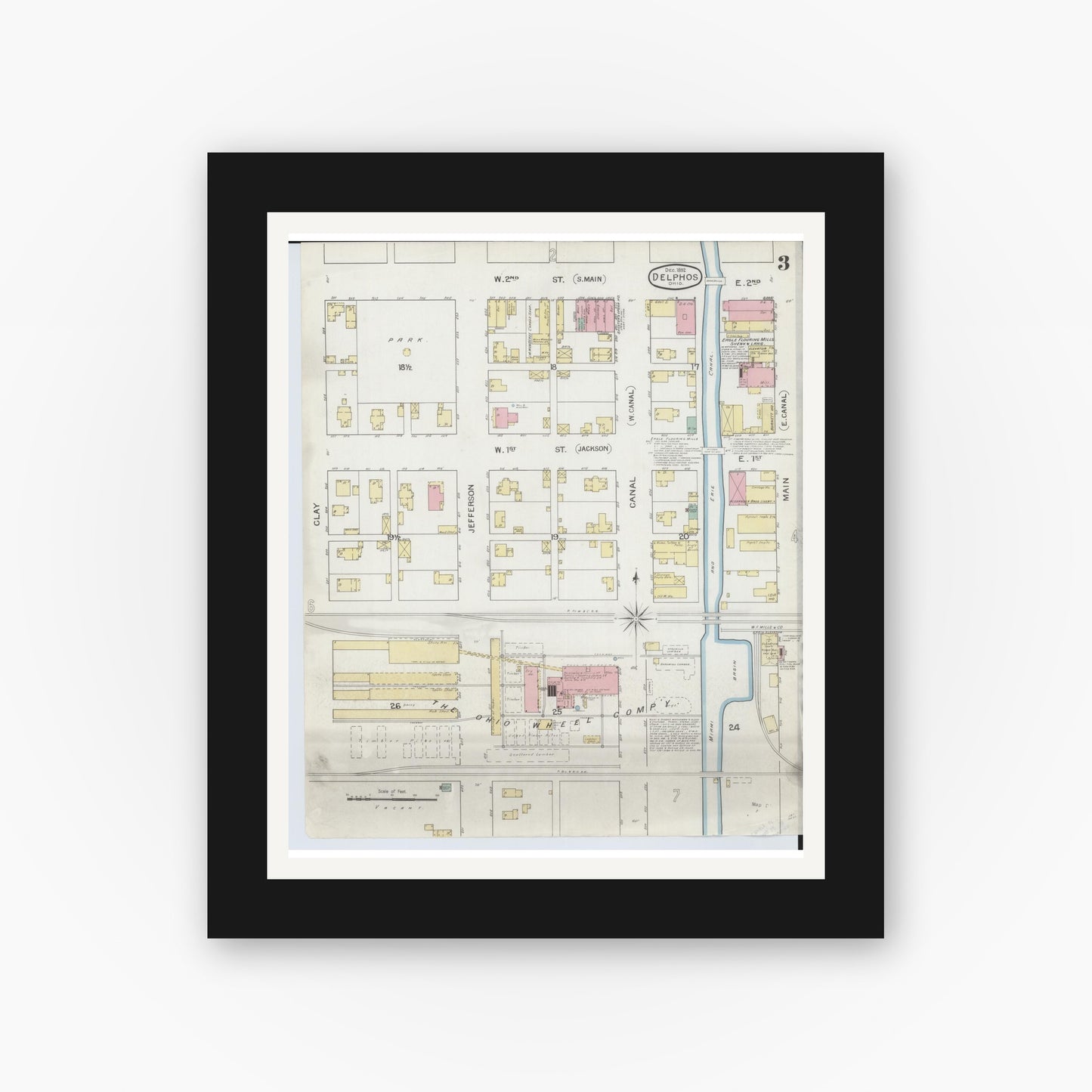 Old map wall art mockup — black gallery frame with white mat — Sanborn Fire Insurance Map from Delphos, Van Wert And Allen Counties, Ohio (1892), Sheet #0003