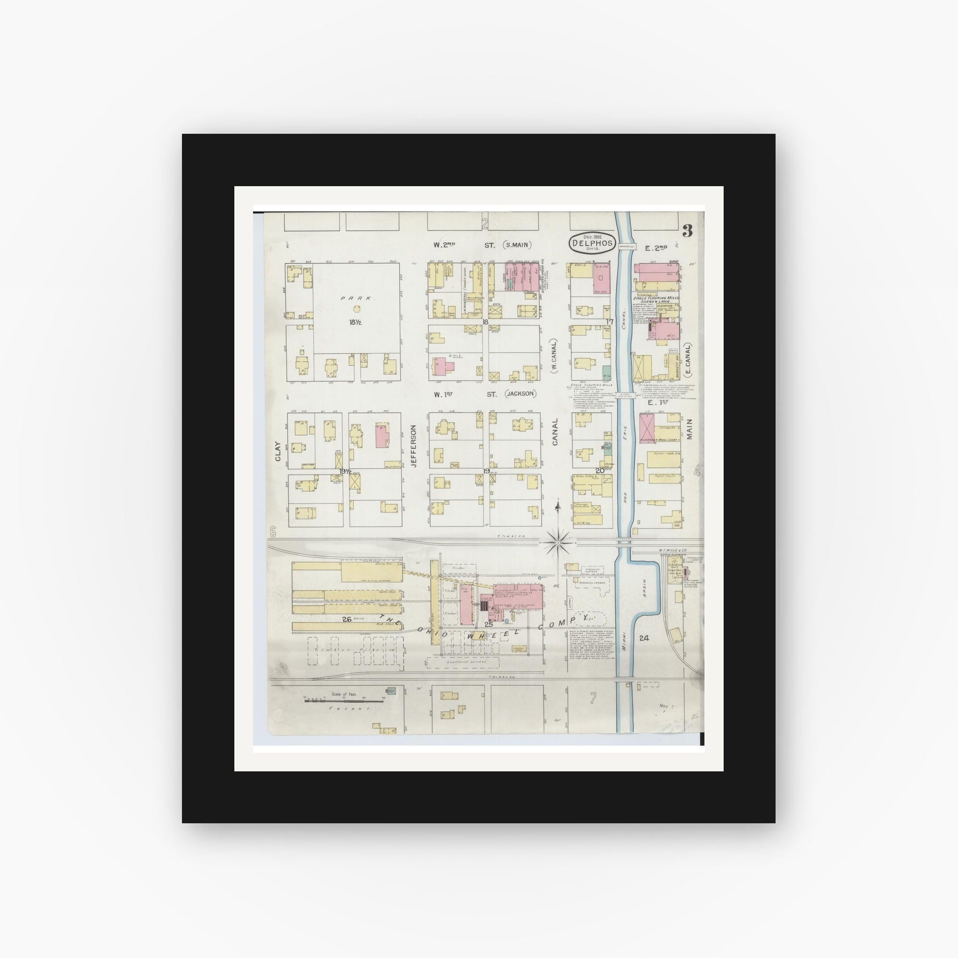 Old map wall art mockup — black gallery frame with white mat — Sanborn Fire Insurance Map from Delphos, Van Wert And Allen Counties, Ohio (1892), Sheet #0003