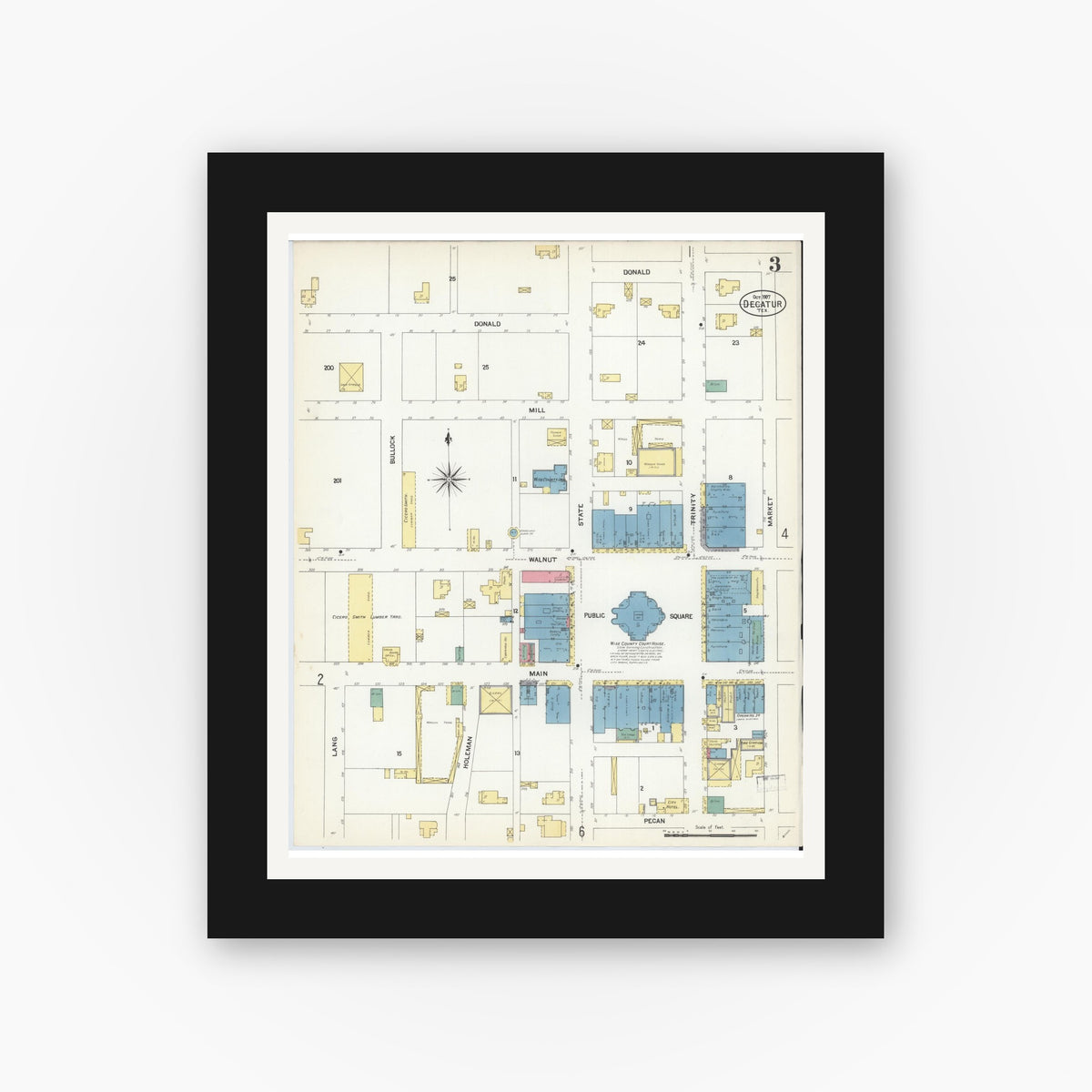 Old map wall art mockup — black gallery frame with white mat — Sanborn Fire Insurance Map from Decatur, Wise County, Texas (1907), Sheet #0003