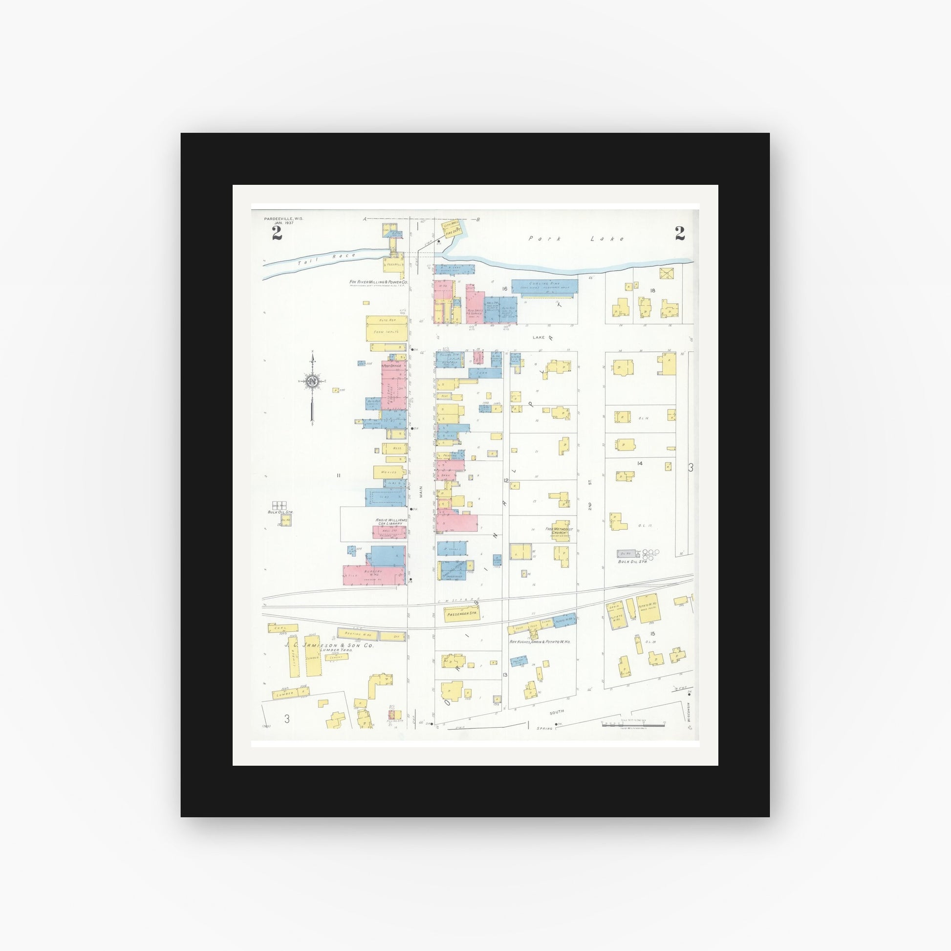 Old map wall art mockup — black gallery frame with white mat — Sanborn Fire Insurance Map from Pardeeville, Columbia County, Wisconsin (1937), Sheet #0002