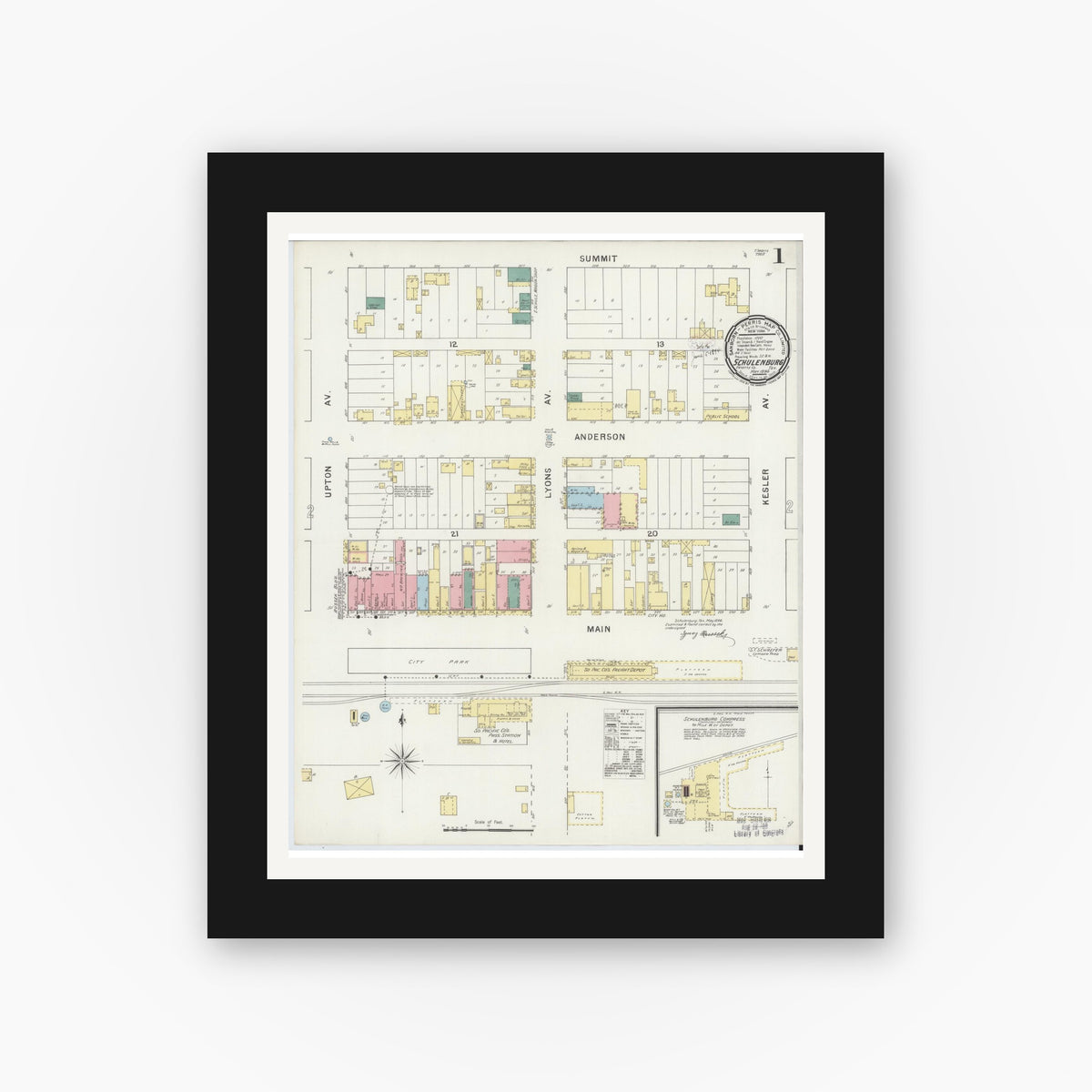 Old map wall art mockup — black gallery frame with white mat — Sanborn Fire Insurance Map from Schulenburg, Fayette County, Texas (1894) - Complete Map Set