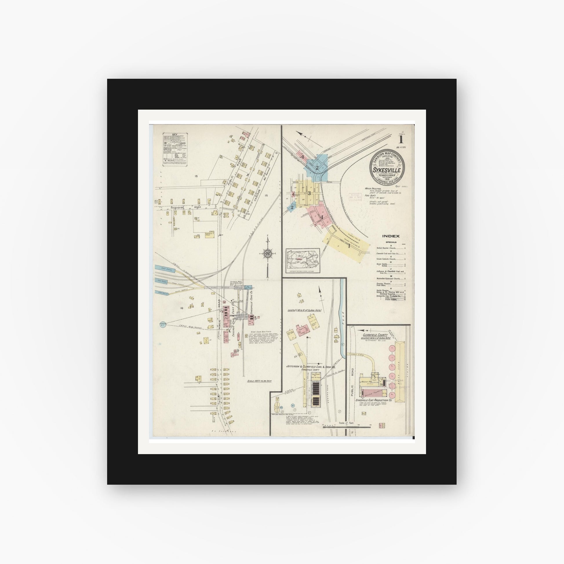 Old map wall art mockup — black gallery frame with white mat — Sanborn Fire Insurance Map from Sykesville, Jefferson County, Pennsylvania (1914) - Complete Map Set