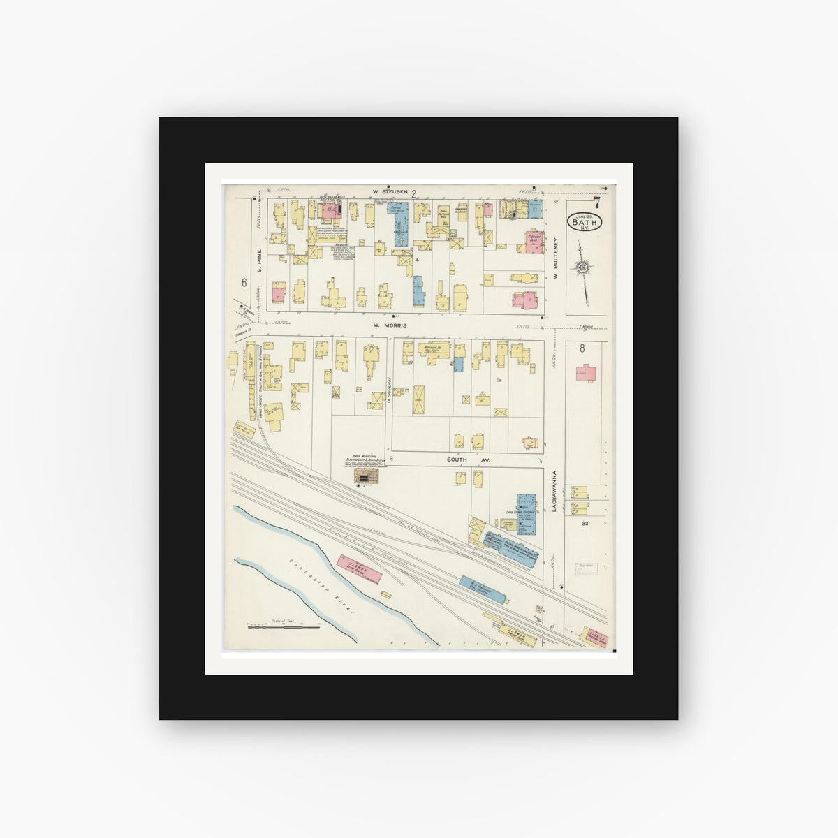 Old map wall art mockup — black gallery frame with white mat — Sanborn Fire Insurance Map from Bath, Steuben County, New York (1915), Sheet #0007