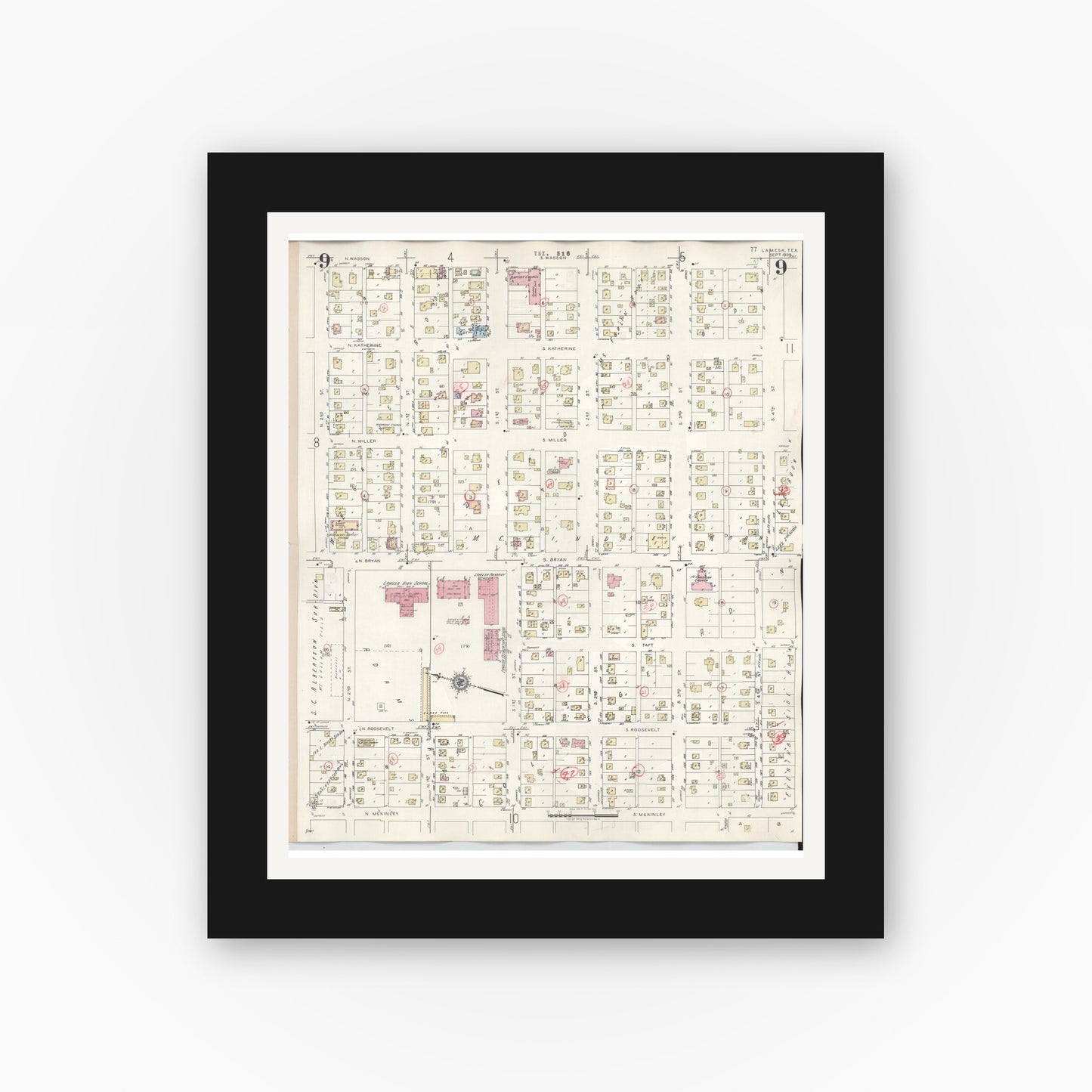 Old map wall art mockup — black gallery frame with white mat — Sanborn Fire Insurance Map from Lamesa, Dawson County, Texas (1948), Sheet #0009