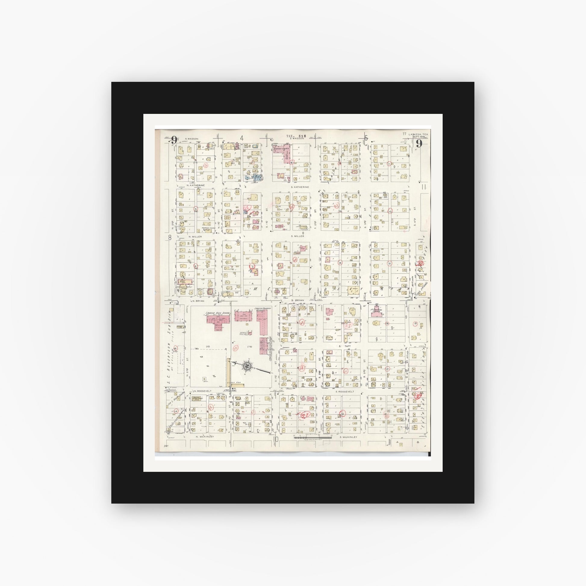 Old map wall art mockup — black gallery frame with white mat — Sanborn Fire Insurance Map from Lamesa, Dawson County, Texas (1948), Sheet #0009
