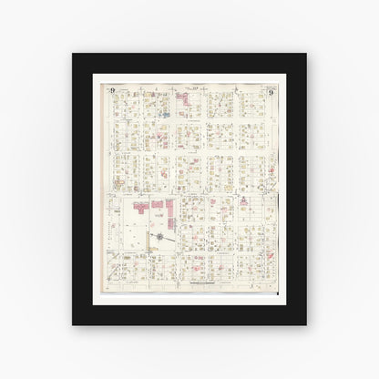 Old map wall art mockup — black gallery frame with white mat — Sanborn Fire Insurance Map from Lamesa, Dawson County, Texas (1948), Sheet #0009