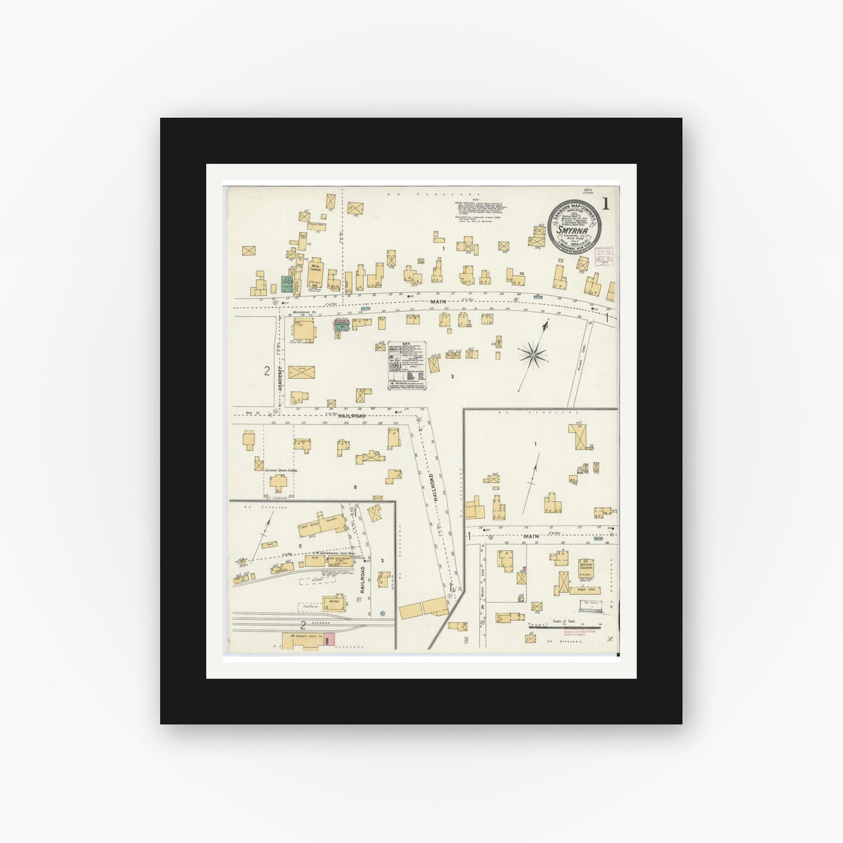 Old map wall art mockup — black gallery frame with white mat — Sanborn Fire Insurance Map from Smyrna, Chenango County, New York (1906) - Complete Map Set