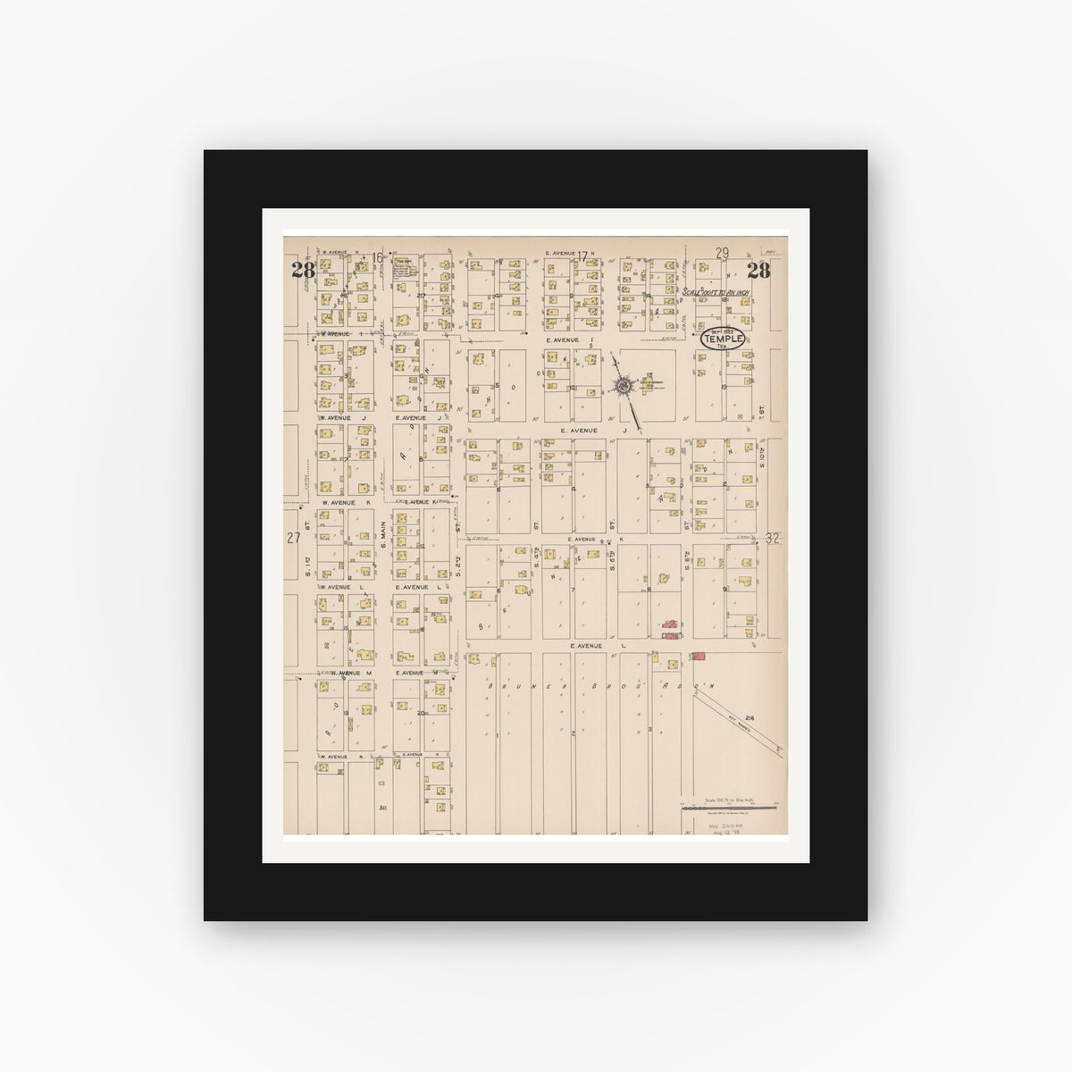 Old map wall art mockup — black gallery frame with white mat — Sanborn Fire Insurance Map from Temple, Bell County, Texas (1922), Sheet #0028