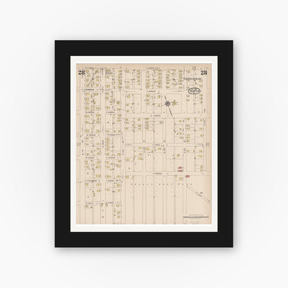 Old map wall art mockup — black gallery frame with white mat — Sanborn Fire Insurance Map from Temple, Bell County, Texas (1922), Sheet #0028