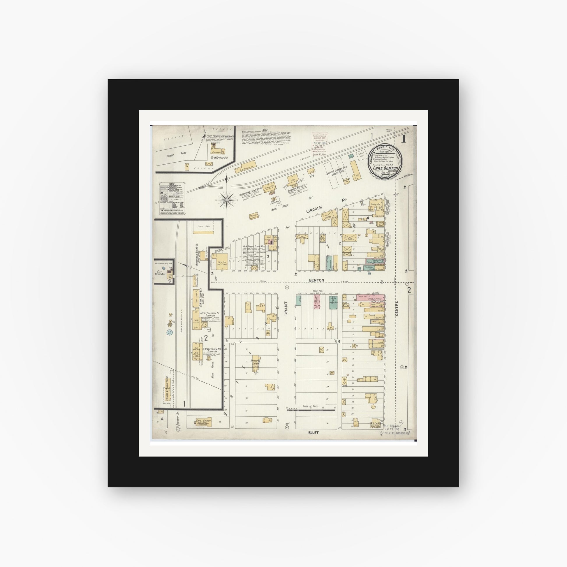 Old map wall art mockup — black gallery frame with white mat — Sanborn Fire Insurance Map from Lake Benton, Lincoln County, Minnesota (1900) - Complete Map Set