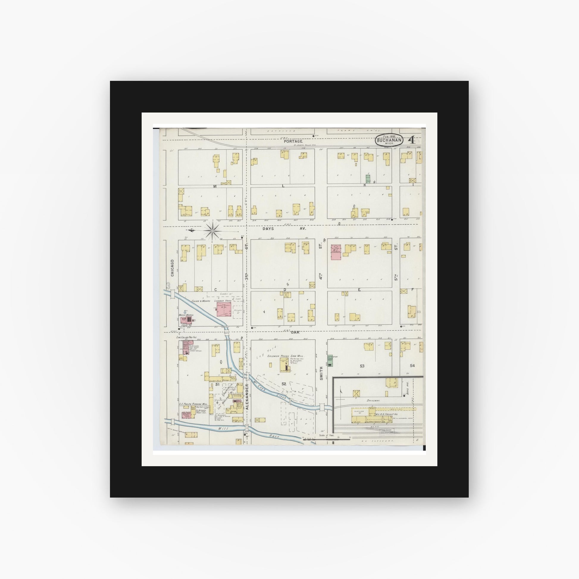 Old map wall art mockup — black gallery frame with white mat — Sanborn Fire Insurance Map from Buchanan, Berrien County, Michigan (1895), Sheet #0004