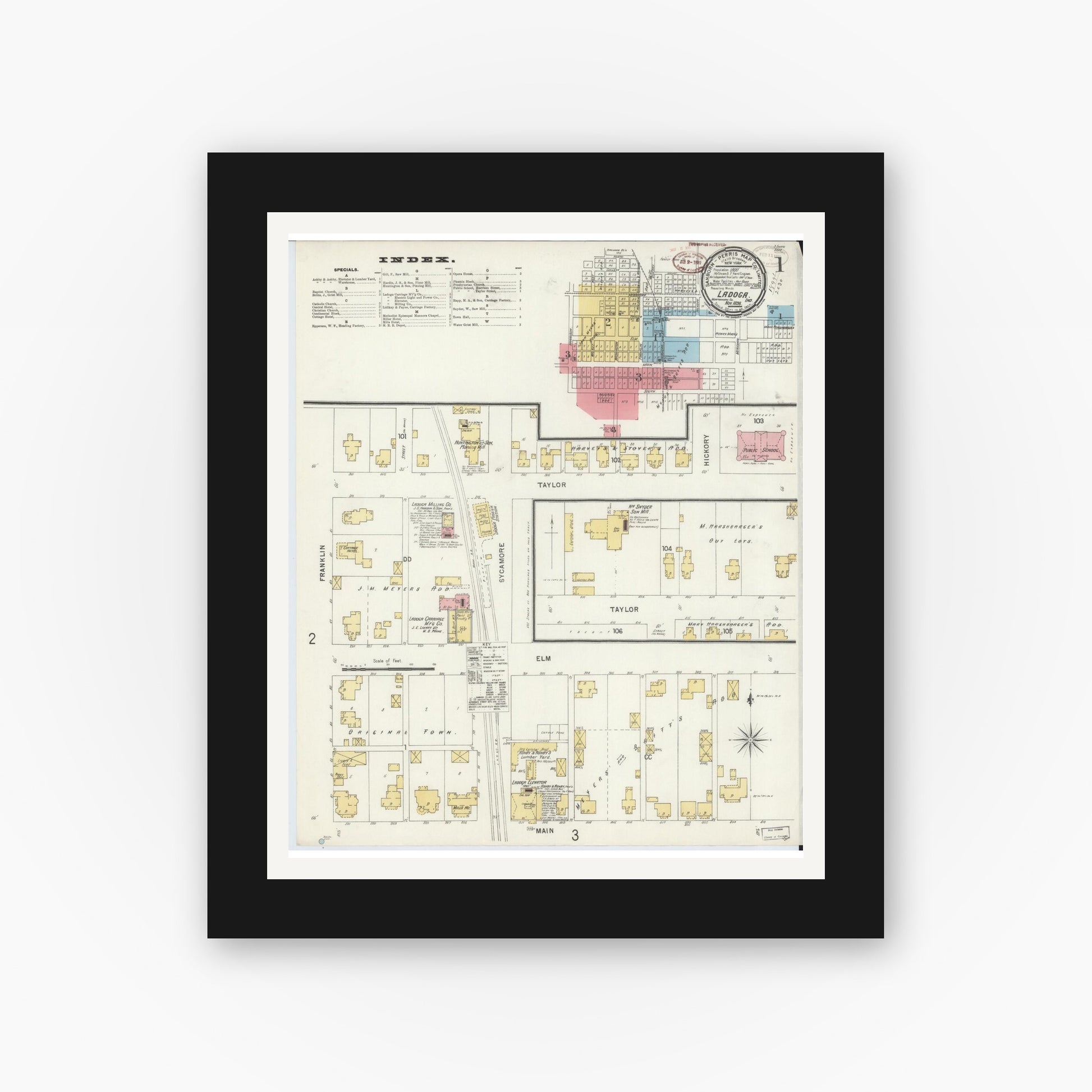 Old map wall art mockup — black gallery frame with white mat — Sanborn Fire Insurance Map from Ladoga, Montgomery County, Indiana (1898) - Complete Map Set