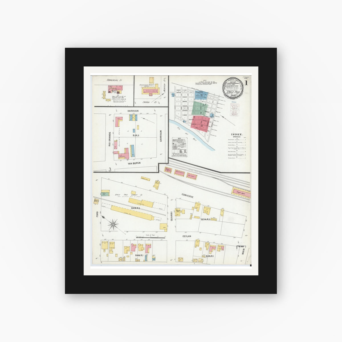 Old map wall art mockup — black gallery frame with white mat — Sanborn Fire Insurance Map from Eagle Pass, Maverick County, Texas (1900), Sheet #0001
