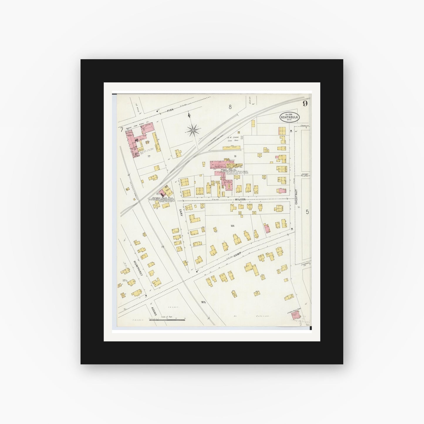Old map wall art mockup — black gallery frame with white mat — Sanborn Fire Insurance Map from Ashtabula, Ashtabula County, Ohio (1898), Sheet #0009
