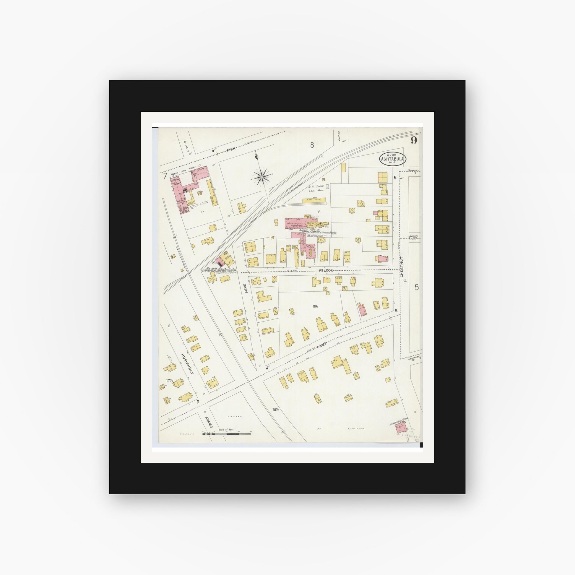 Old map wall art mockup — black gallery frame with white mat — Sanborn Fire Insurance Map from Ashtabula, Ashtabula County, Ohio (1898), Sheet #0009