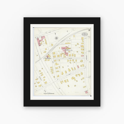 Old map wall art mockup — black gallery frame with white mat — Sanborn Fire Insurance Map from Ashtabula, Ashtabula County, Ohio (1898), Sheet #0009
