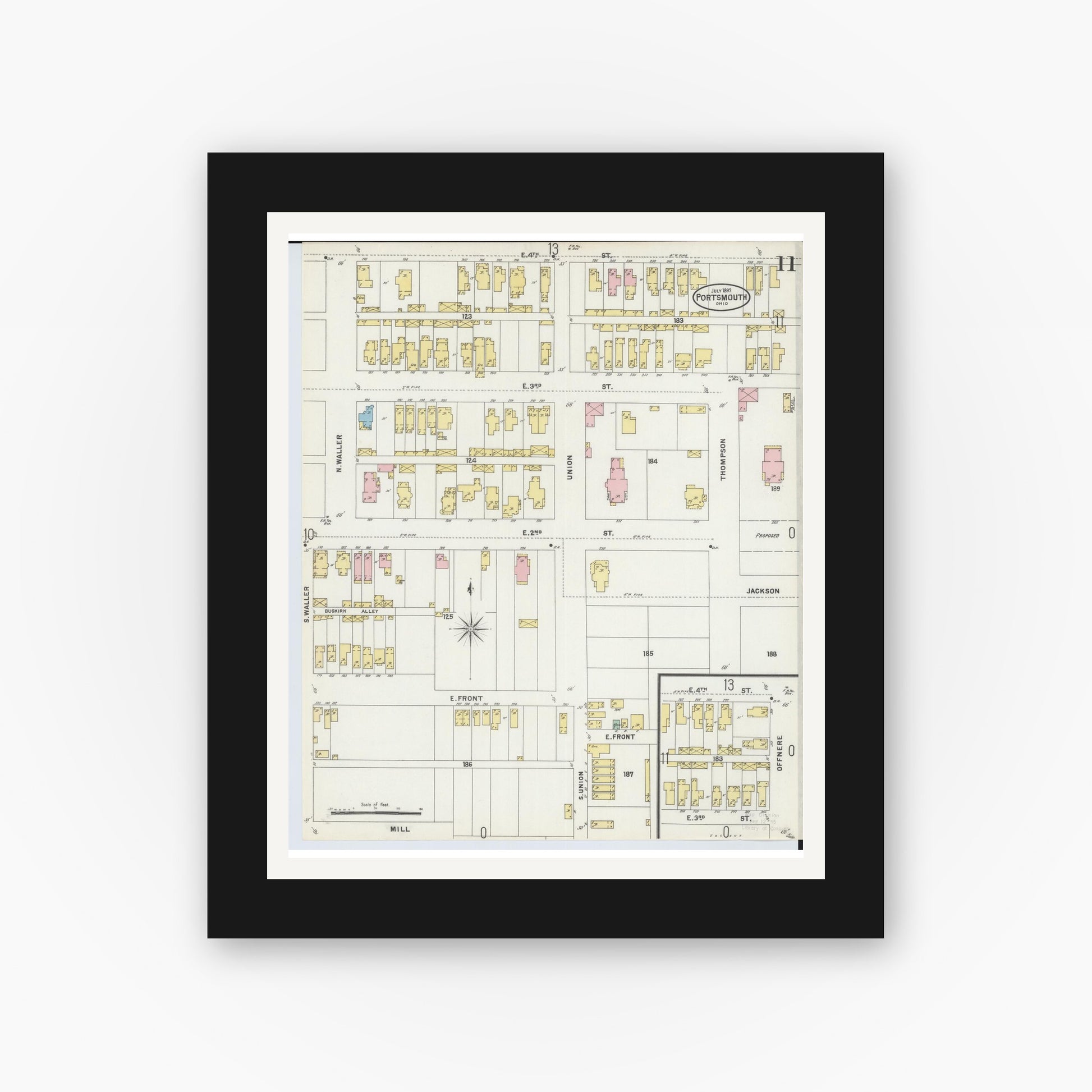 Old map wall art mockup — black gallery frame with white mat — Sanborn Fire Insurance Map from Portsmouth, Scioto County, Ohio (1897), Sheet #0011
