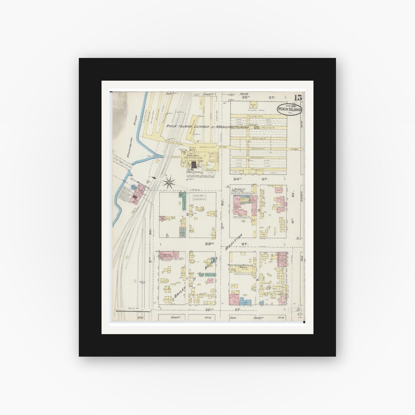 Old map wall art mockup — black gallery frame with white mat — Sanborn Fire Insurance Map from Rock Island, Rock Island County, Illinois (1886), Sheet #0015