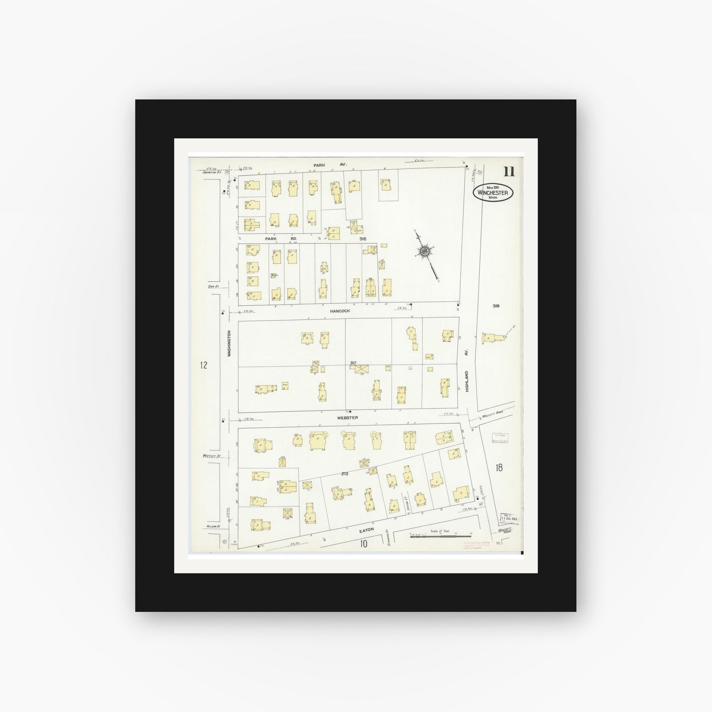 Old map wall art mockup — black gallery frame with white mat — Sanborn Fire Insurance Map from Winchester, Middlesex County, Massachusetts (1910), Sheet #0011