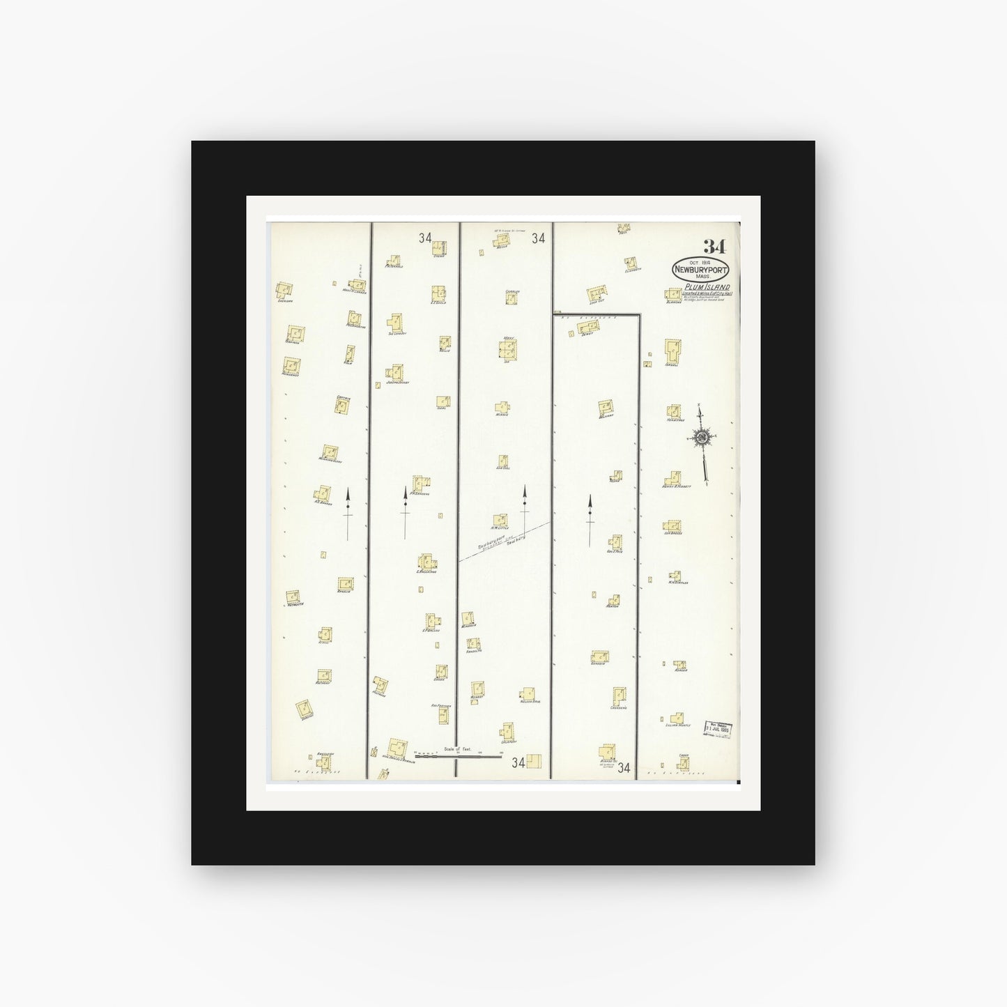 Old map wall art mockup — black gallery frame with white mat — Sanborn Fire Insurance Map from Newburyport, Essex County, Massachusetts (1914), Sheet #0034