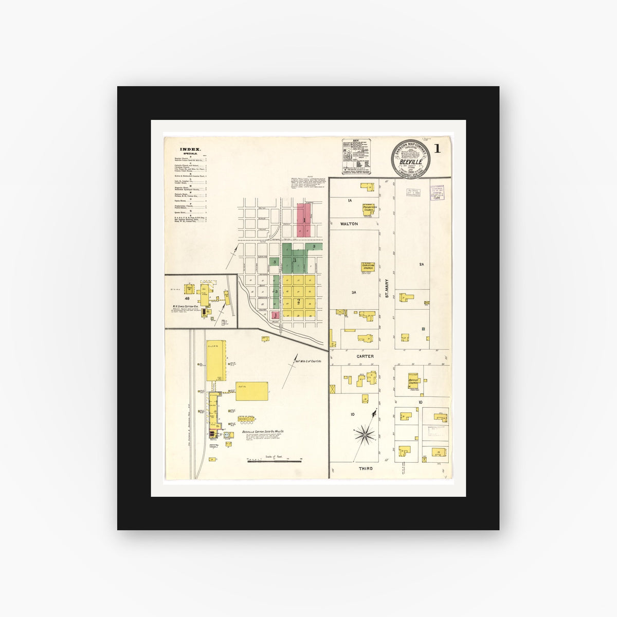 Old map wall art mockup — black gallery frame with white mat — Sanborn Fire Insurance Map from Beeville, Bee County, Texas (1904), Sheet #0001