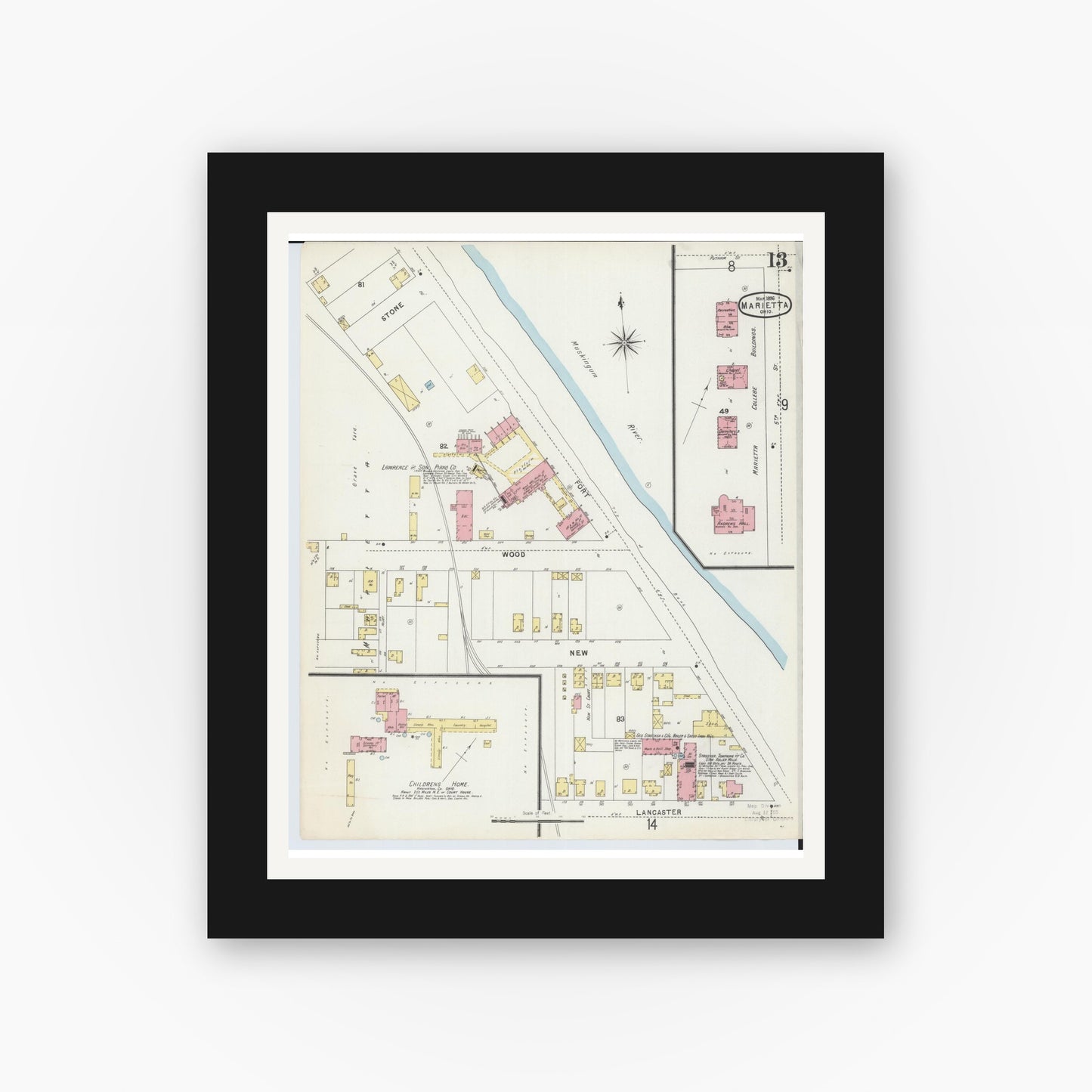 Old map wall art mockup — black gallery frame with white mat — Sanborn Fire Insurance Map from Marietta, Washington County, Ohio (1896), Sheet #0013