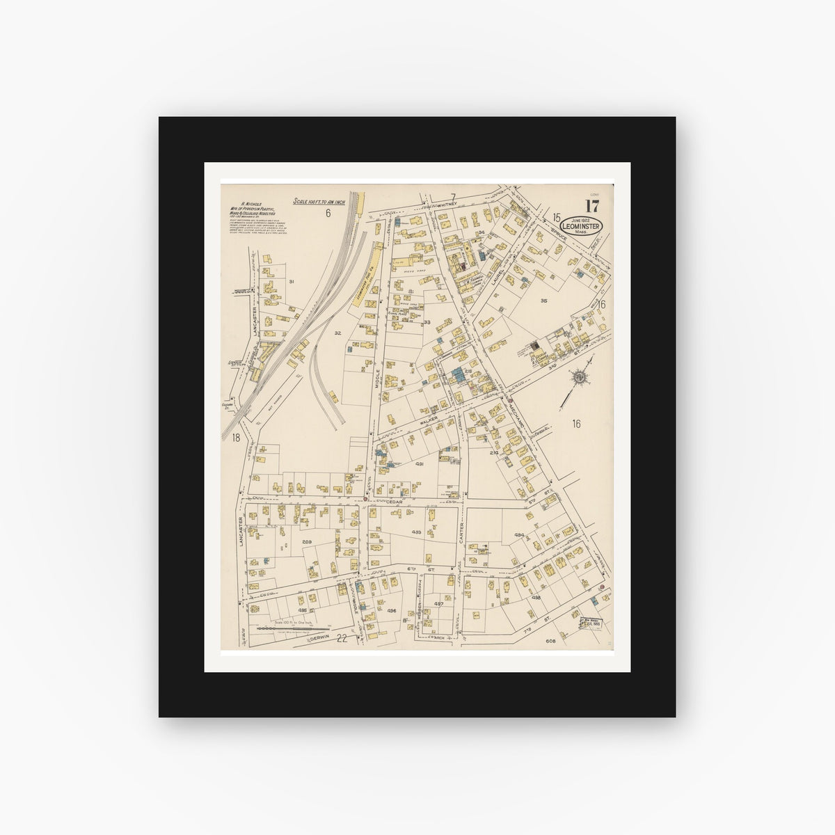 Old map wall art mockup — black gallery frame with white mat — Sanborn Fire Insurance Map from Leominster, Worcester County, Massachusetts (1922), Sheet #0017