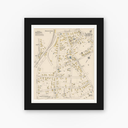Old map wall art mockup — black gallery frame with white mat — Sanborn Fire Insurance Map from Leominster, Worcester County, Massachusetts (1922), Sheet #0017