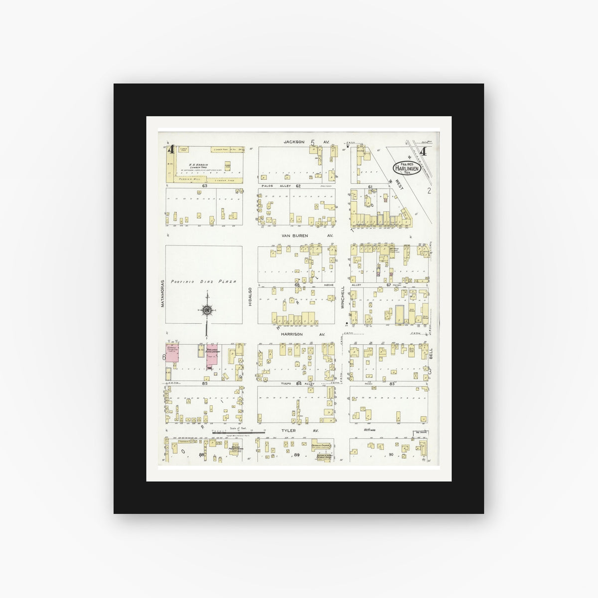 Old map wall art mockup — black gallery frame with white mat — Sanborn Fire Insurance Map from Harlingen, Cameron County, Texas (1925), Sheet #0004
