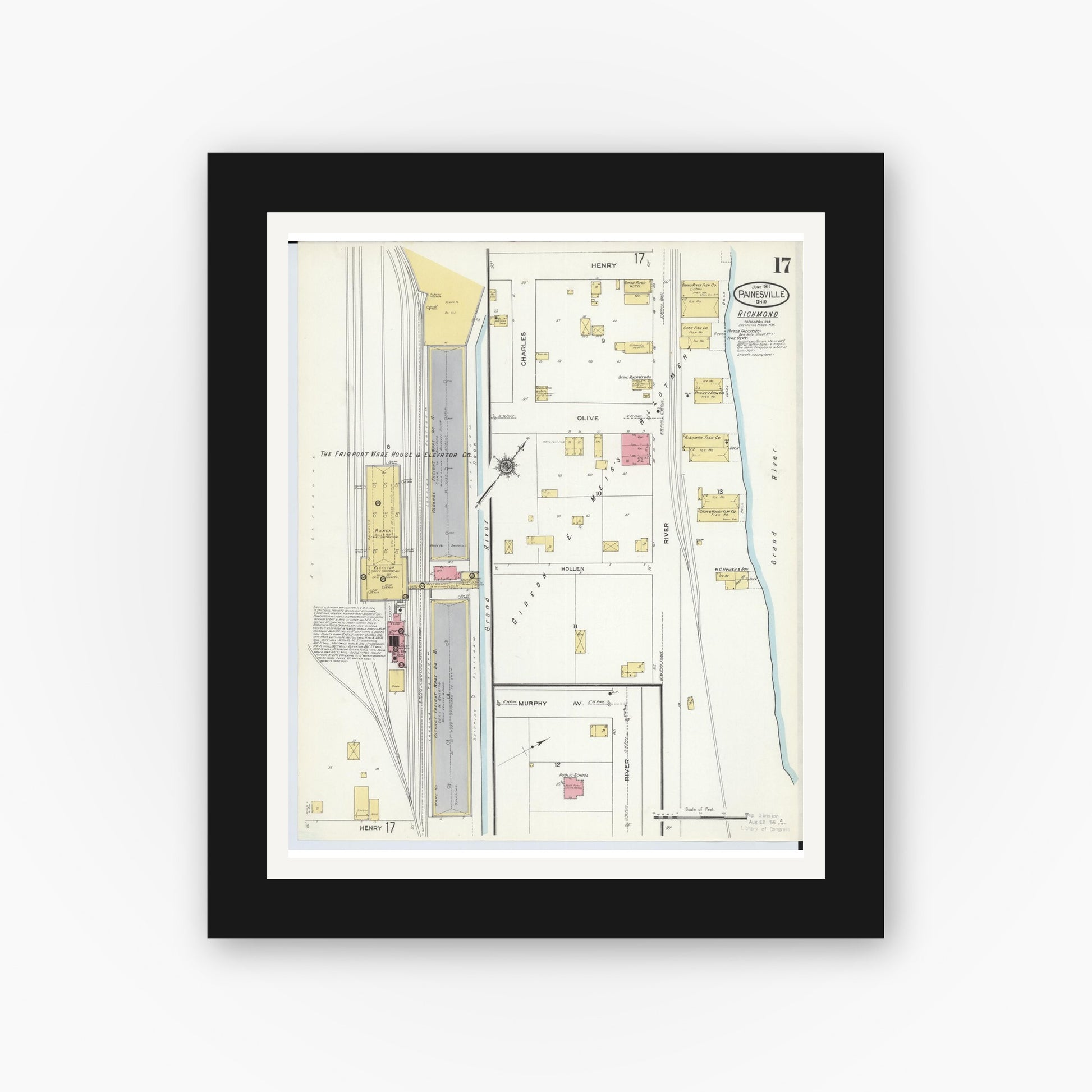 Old map wall art mockup — black gallery frame with white mat — Sanborn Fire Insurance Map from Painesville, Lake County, Ohio (1911), Sheet #0017