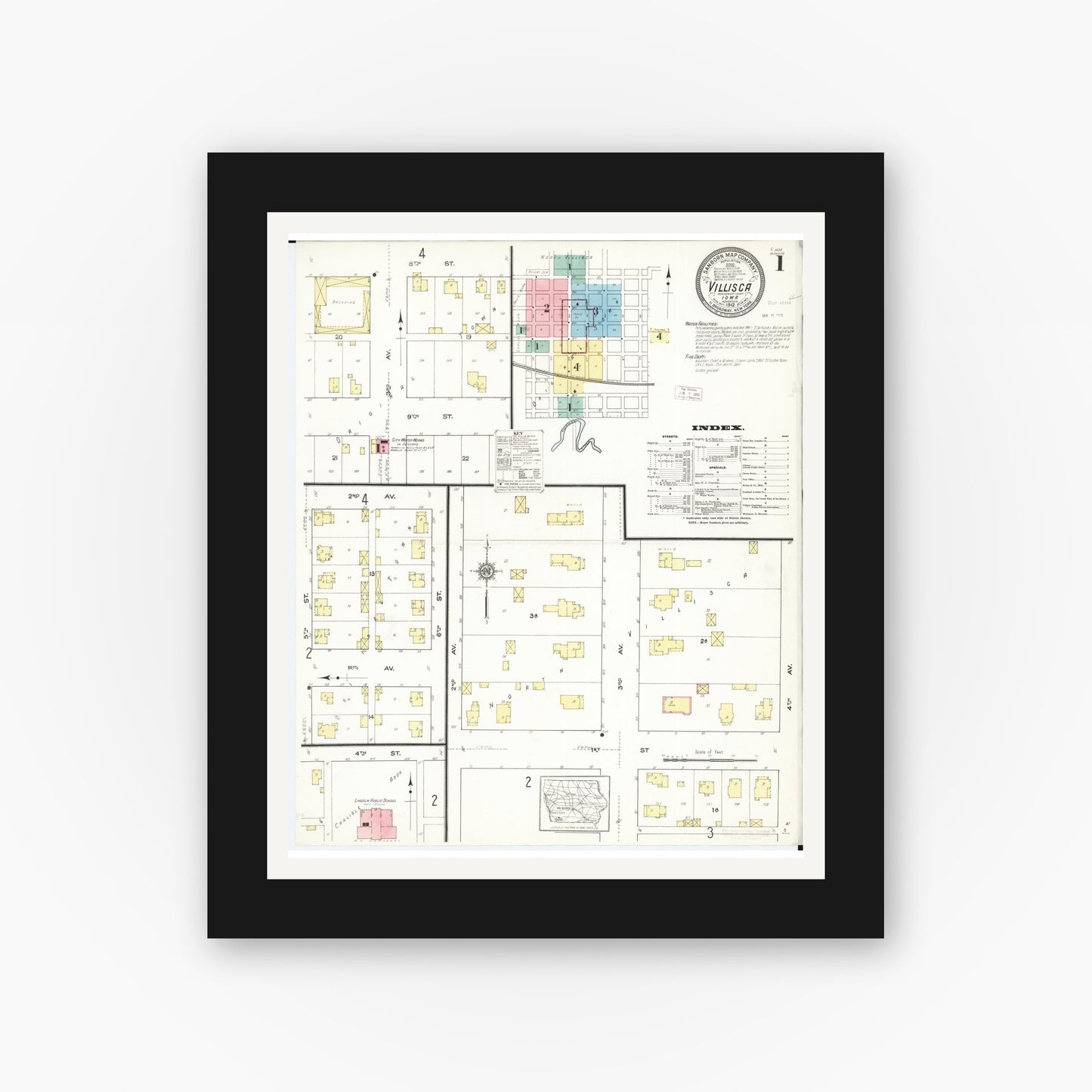 Old map wall art mockup — black gallery frame with white mat — Sanborn Fire Insurance Map from Villisca, Montgomery County, Iowa (1912) â€” Complete Set