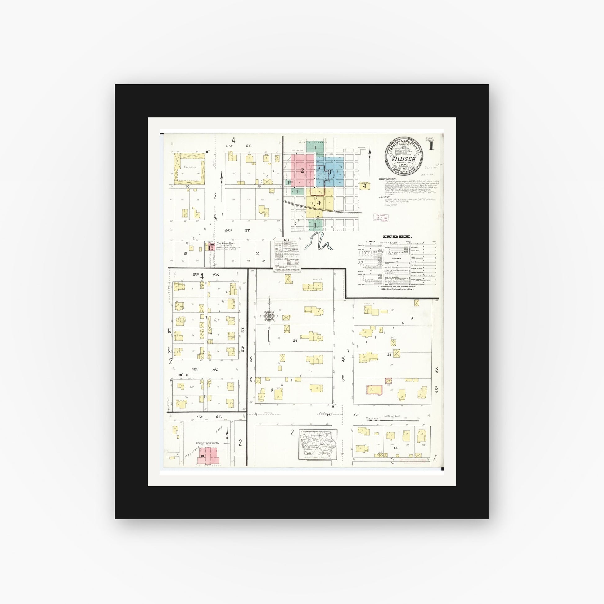 Old map wall art mockup — black gallery frame with white mat — Sanborn Fire Insurance Map from Villisca, Montgomery County, Iowa (1912) â€” Complete Set
