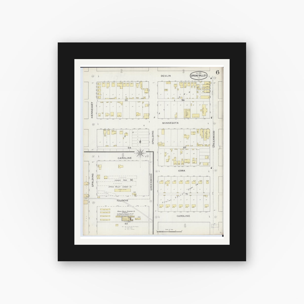 Old map wall art mockup — black gallery frame with white mat — Sanborn Fire Insurance Map from Spring Valley, Bureau County, Illinois (1893), Sheet #0006