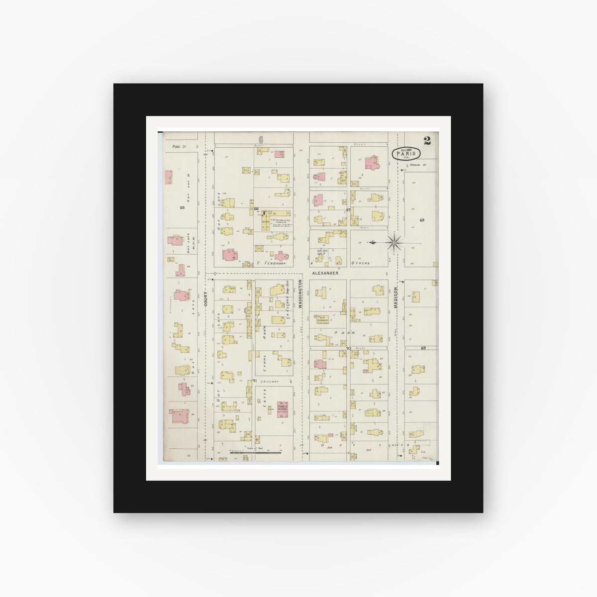 Old map wall art mockup — black gallery frame with white mat — Sanborn Fire Insurance Map from Paris, Edgar County, Illinois (1895), Sheet #0002