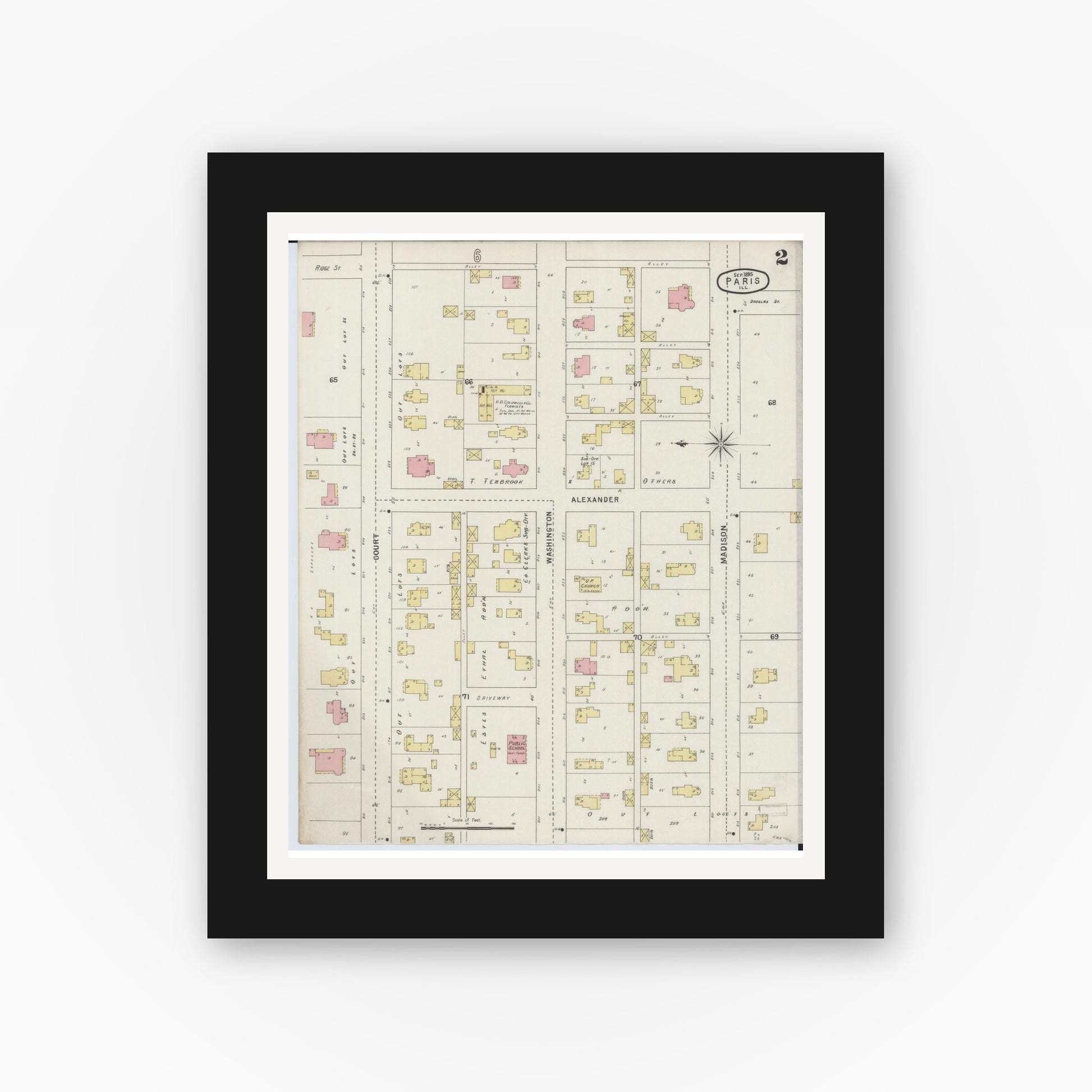 Old map wall art mockup — black gallery frame with white mat — Sanborn Fire Insurance Map from Paris, Edgar County, Illinois (1895), Sheet #0002