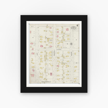 Old map wall art mockup — black gallery frame with white mat — Sanborn Fire Insurance Map from Paris, Edgar County, Illinois (1895), Sheet #0002