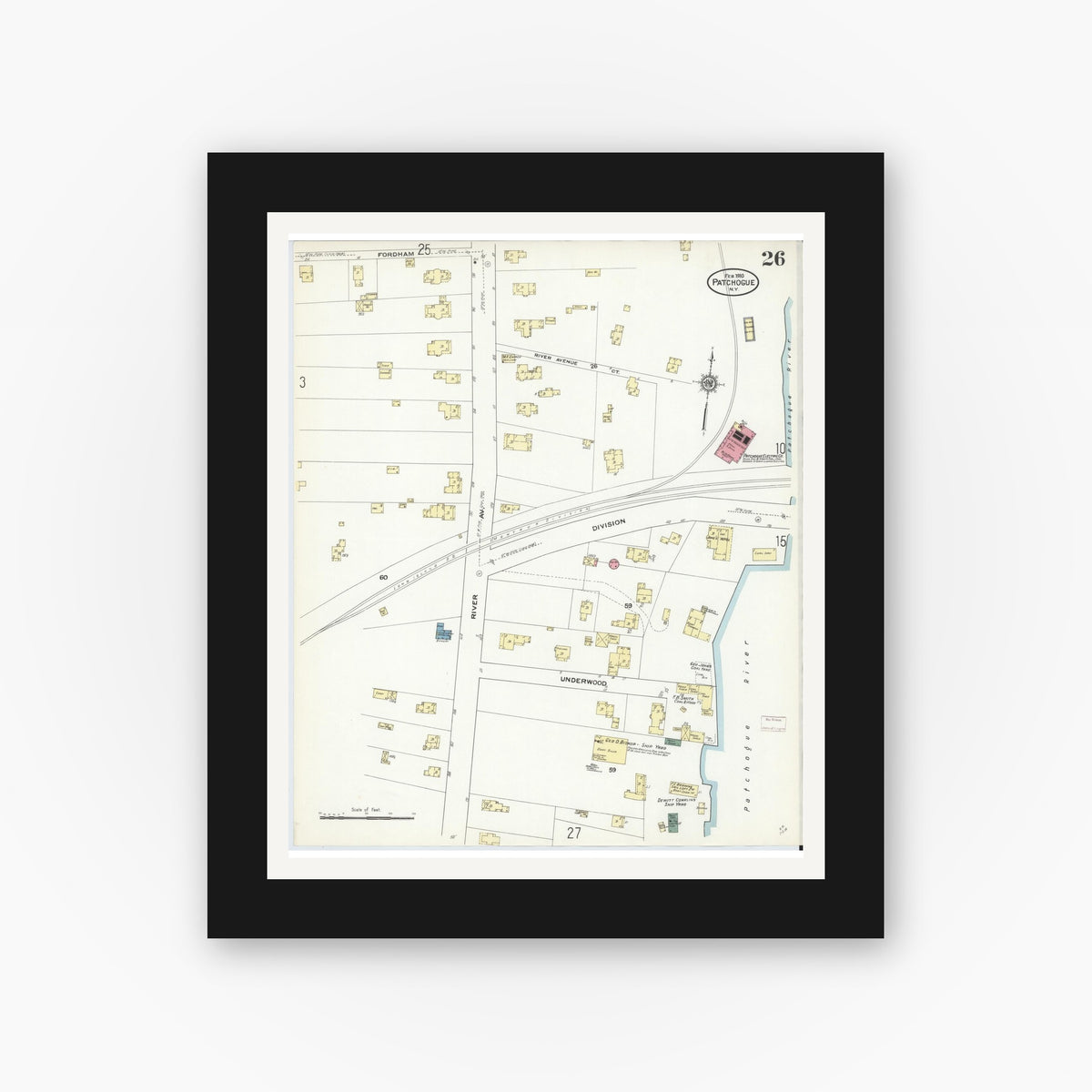 Old map wall art mockup — black gallery frame with white mat — Sanborn Fire Insurance Map from Patchogue, Suffolk County, New York (1910), Sheet #0026