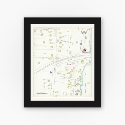 Old map wall art mockup — black gallery frame with white mat — Sanborn Fire Insurance Map from Patchogue, Suffolk County, New York (1910), Sheet #0026