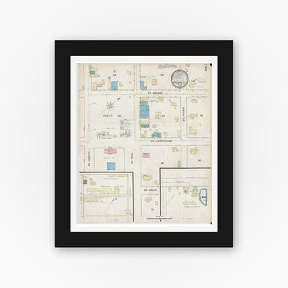 Old map wall art mockup — black gallery frame with white mat — Sanborn Fire Insurance Map from Gonzales, Gonzales County, Texas (1891), Sheet #0001